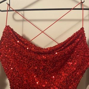 Red sequin spaghetti strap dress open back crisscross straps in back